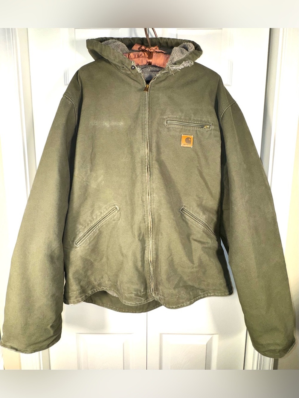 Carhartt J141 Sierra Jacket Sherpa Lined Olive Green Distressed XL